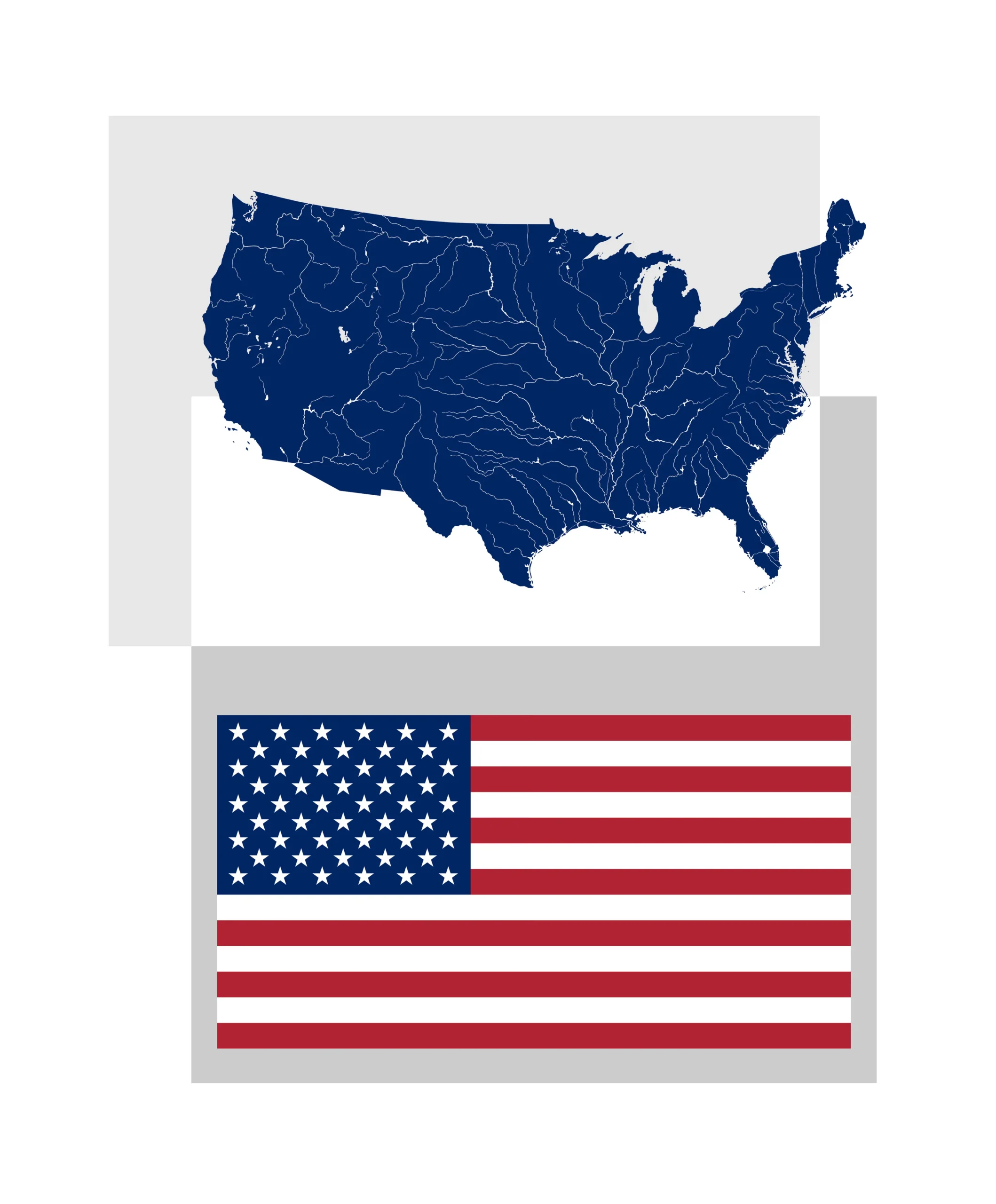 Map silhouette of the USA showing rivers, placed above the US flag